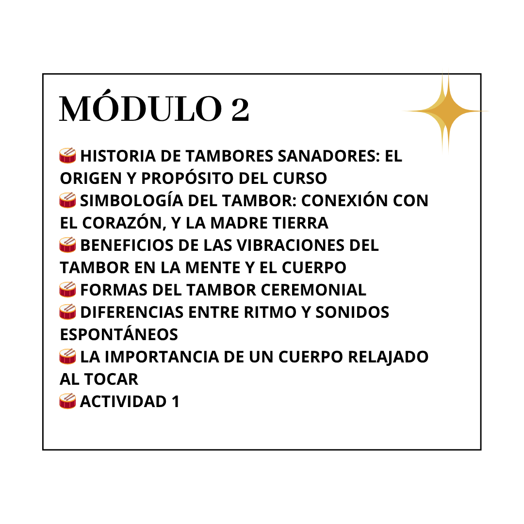Lección 10: La baqueta y su objetivo de creación<br />
Lección 11: Cómo sostener el tambor y la baqueta<br />
Lección 12: Dinámicas musicales: velocidad, volumen<br />
Lección 13: Construcción de la baqueta con hierbas aromáticas<br />
Actividad 2: 