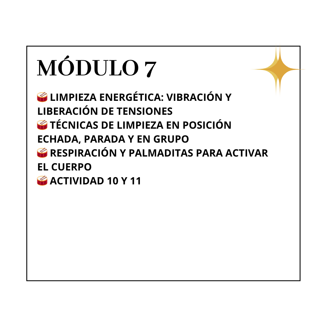 🥁 Autocuidado con el tambor: liberación de tensiones y armonización. 🥁 Técnicas de limpieza con el tambor en el cuerpo. 🥁 Ejercicio de "barrido" con las manos 🥁 Actividad 12 y 13