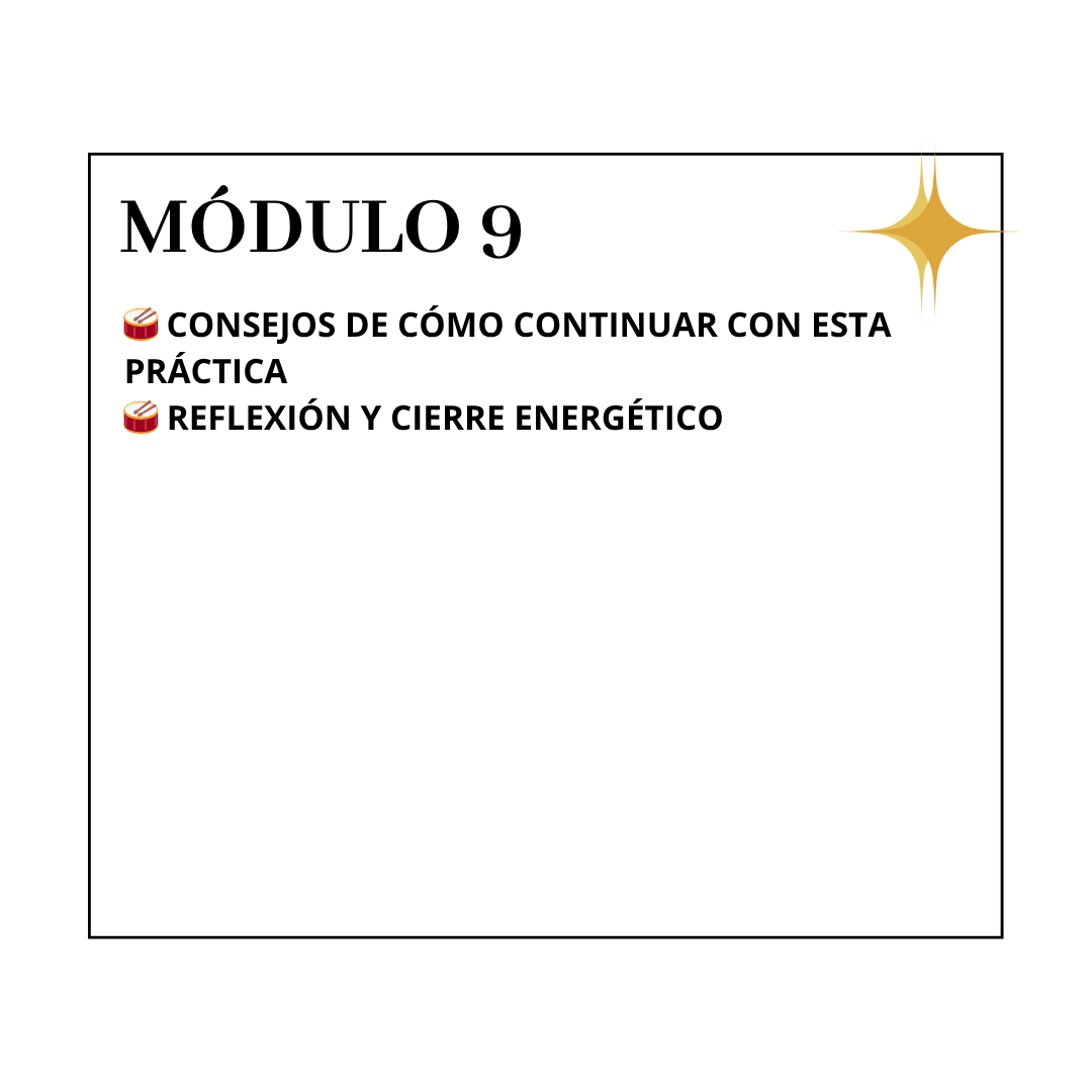 🥁 Autocuidado con el tambor: liberación de tensiones y armonización.<br />
🥁 Técnicas de limpieza con el tambor en el cuerpo.<br />
🥁 Ejercicio de "barrido" con las manos<br />
🥁 Actividad 12 y 13